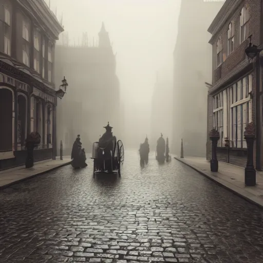 Image similar to Misty Victorian London street, gas lanterns, horse drawn carriages, heavy mist, soft lighting, realistic octane render, 8k