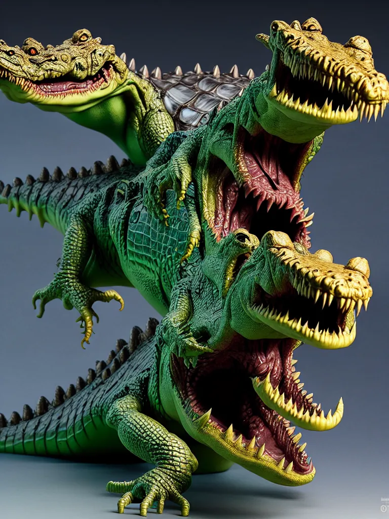 Image similar to hyperrealistic rendering, fat smooth john carpenter flesh monster crocodile by bernie wrightson and killian eng and joe fenton, product photography, action figure, sofubi, studio lighting, colored gels, colored background