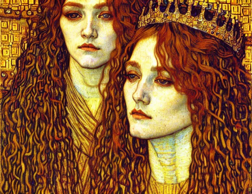 Image similar to detailed realistic beautiful young medieval queen face portrait by jean delville, gustav klimt and vincent van gogh, art nouveau, symbolist, visionary, gothic, pre - raphaelite, muted earthy colors, desaturated