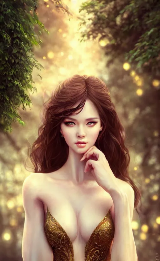 Image similar to a fantasy photo of gorgeous russian female, evening gown, bokeh, medium shot, beautiful face, professionally retouched, soft lighting, realistic, smooth face, perfect eyes, sharp focus, 8 k realistic high definition, insanely detailed, intricate, elegant, art by artgerm and kyoung hwan kim