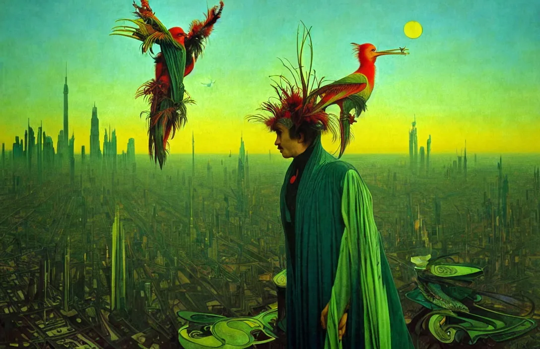 Image similar to realistic detailed portrait movie shot of a birdman wearing green robes, futuristic city sunset landscape background by denis villeneuve, yves tanguy, alphonse mucha, ernst haeckel, max ernst, roger dean, masterpiece, rich moody colours, feathers, ethereal, occult, blue eyes