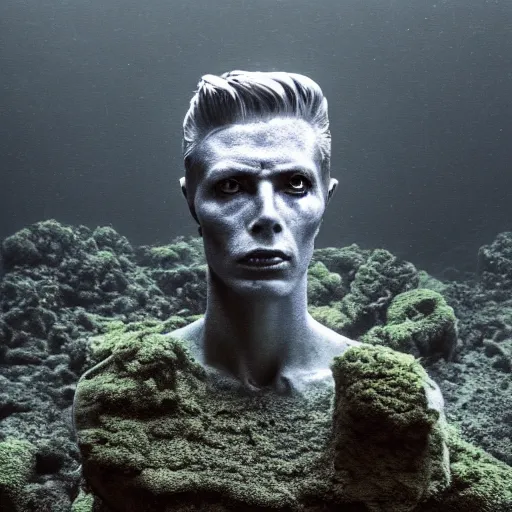 Image similar to Award-winning photograph by Mar Mann. The photo depicts a decaying roman bust of David Bowie overgrown with moss at the bottom of the sea in the middle of ruins of civilization. Minimalism, high definition, perfect composition. Deep sea picture. Very dark. Volumetric Lighting. Fish. Darkness. Ruins