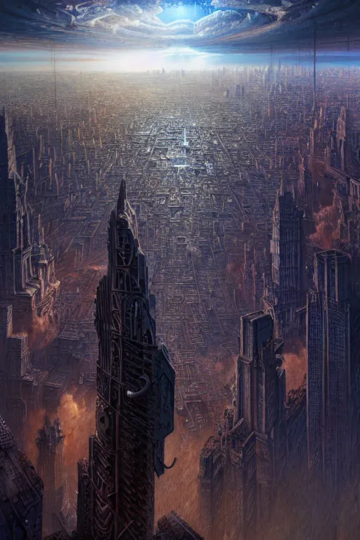 Image similar to hyperrealistic mixed media painting of a stunning giant gigachad, towering over a helpless city, despair, stunning 3d render inspired art by P. Craig Russell and Barry Windsor-Smith + perfect facial symmetry + dim volumetric lighting, 8k octane beautifully detailed render, post-processing, extremely hyperdetailed, intricate, epic composition, grim yet sparkling atmosphere, cinematic lighting + masterpiece, trending on artstation, very very detailed, masterpiece, stunning