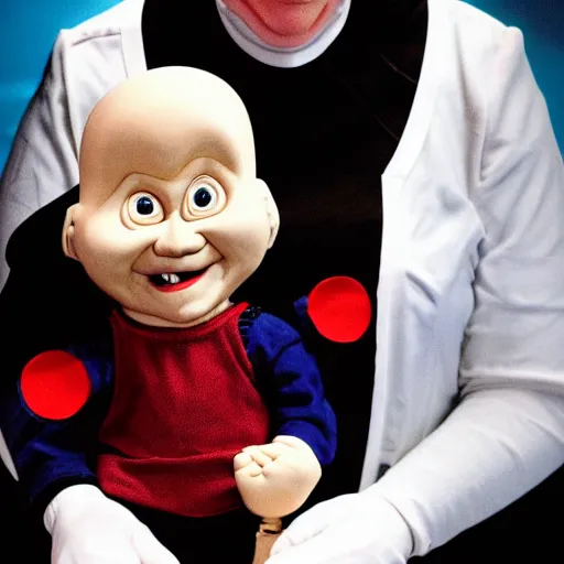 Prompt: a nun in church holding chucky the evil looking killer doll on her lap