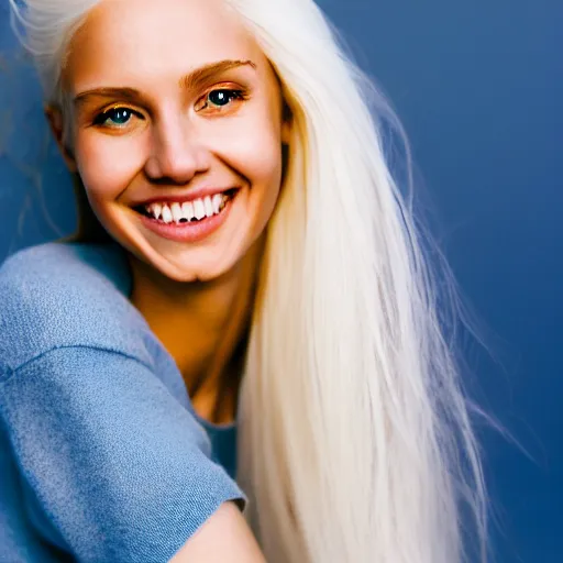 Image similar to beautiful portrait of a cute thin young woman smiling smugly, long light platinum blonde hair, flushed face, blue eyes, golden hour, 8 k, portra 4 0 0