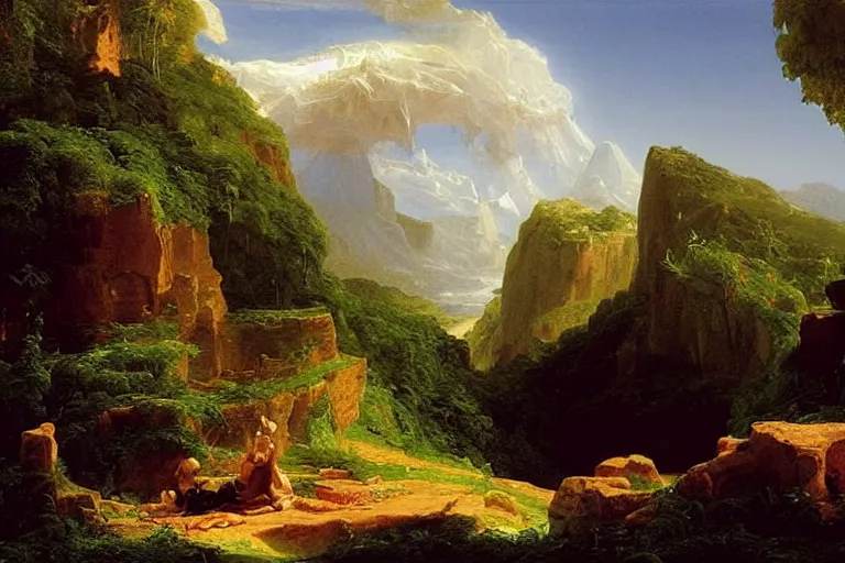 Image similar to there is another world very close to ours that we don't perceive directly, but they do interact sometimes. painting by thomas cole ( 1 8 3 3 )