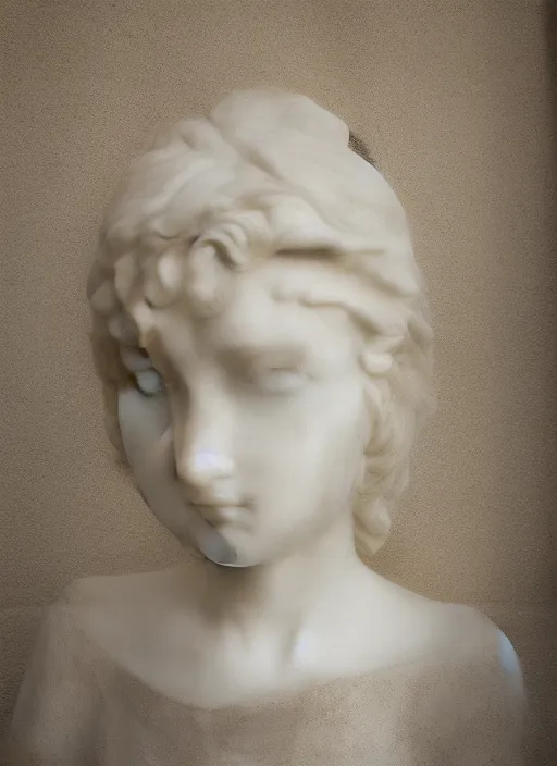 Prompt: head and shoulders portrait of a female knight, statue in white marble, photograph, soft light