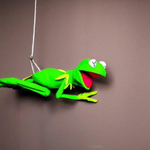 Prompt: kermit meme kermit the frog puppet swinging off a ceiling fan, highly detailed, photo realism, textured puppet, dslr