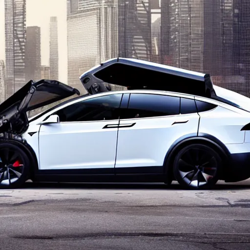 Prompt: tesla model x as an armored vehicle in a cyberpunk world