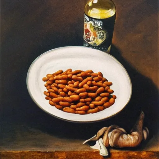 Prompt: baked beans, alcoholism, withdrawal, by dali, 4 k, oil on canvas, sad