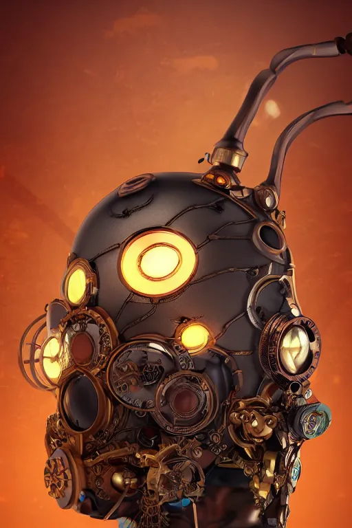 Image similar to steampunk mask minimalist fantasy art robot ninja helmet, global illumination ray tracing hdr fanart arstation by sung choi and eric pfeiffer and gabriel garza and casper konefal radiating a glowing aura