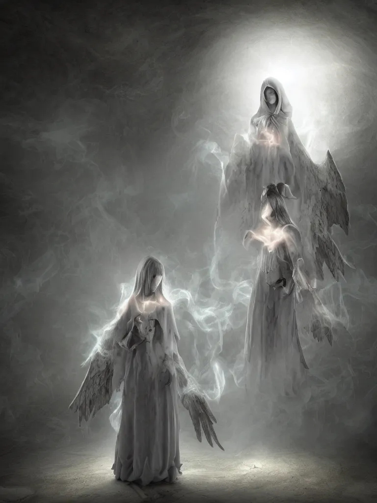 Image similar to cute fumo plush gothic angel maiden girl in hood ghost wraith making an apparition in an abandoned church, fallen angel, wisps of smoke and glowing volumetric fog, vignette, orthographic, vray