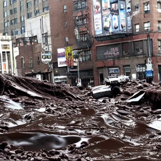 Prompt: tsunami of liquid chocolate on new york, post apocalyptic, cinematic ruin