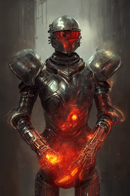 Image similar to Cybernetic Fire Armor, fantasy, magic, digital art by WLOP, highly detailed, illustration, bossfight, darksouls