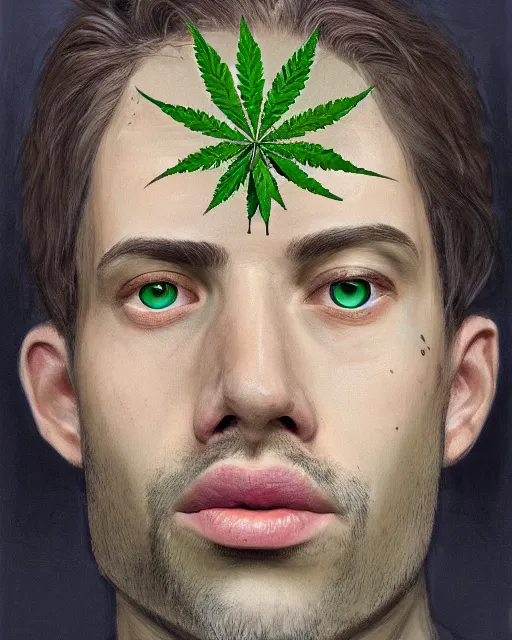 Prompt: a realistic and hyper detailed symmetrical portrait painting of a relaxed male face and green ganja leaves, his eyes are radiating blue energy, by procreate, featured on ArtStation