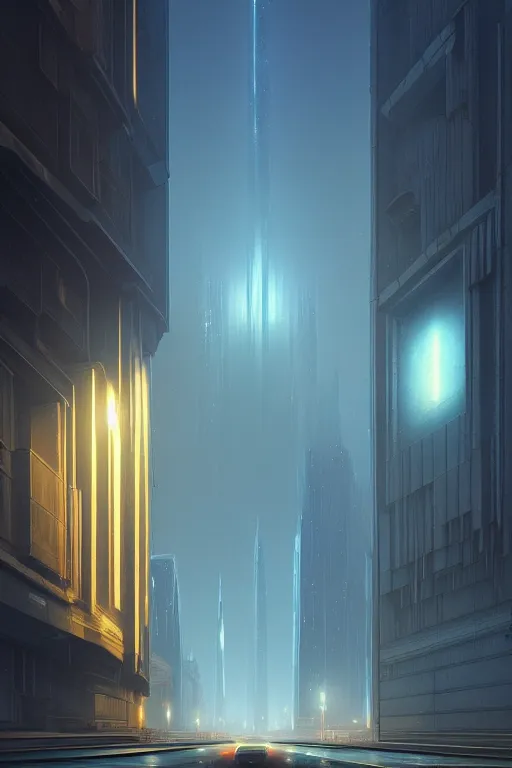 Image similar to emissary futuristic downtown with red street lamps, windows lit, marble, by tim blandin and arthur haas and bruce pennington and john schoenherr, cinematic matte painting, zaha hadid building, photo realism, dark moody color palate, blue hour stars, desolate glacial landscape,