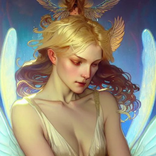 Image similar to Winged girl seraphim with blonde hair and glowing halo, iridescent, fantasy, intricate, elegant, highly detailed, digital painting, artstation, concept art, smooth, sharp focus, illustration, art by Krenz Cushart and Artem Demura and alphonse mucha