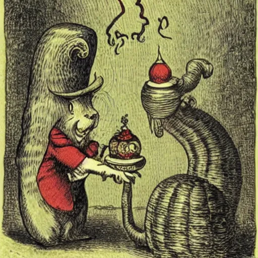 Image similar to A hookah smoking caterpillar + Alice In Wonderland + Absolem + Lewis Carol + by John Tenniel ::