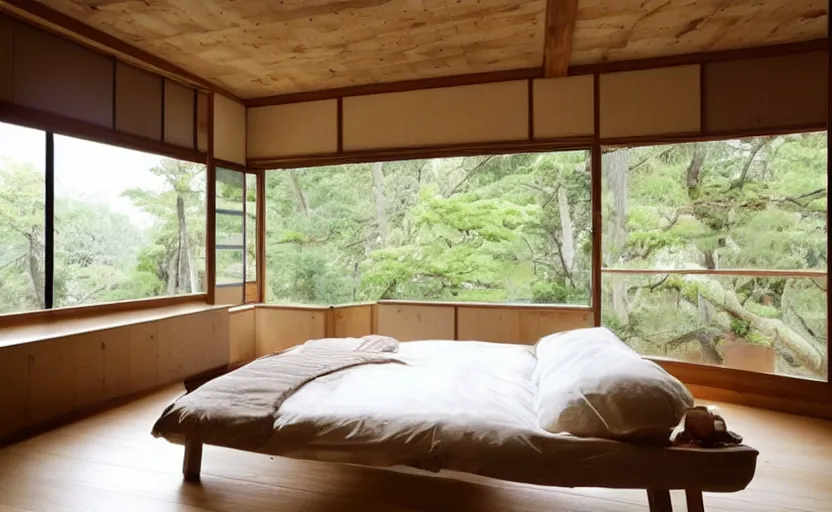 Image similar to bedroom in japanese style, rustic wood, bright, one large window in the back with a view of a forest, green walls, zen, feng shui, minimalistic, retro design, swedish design