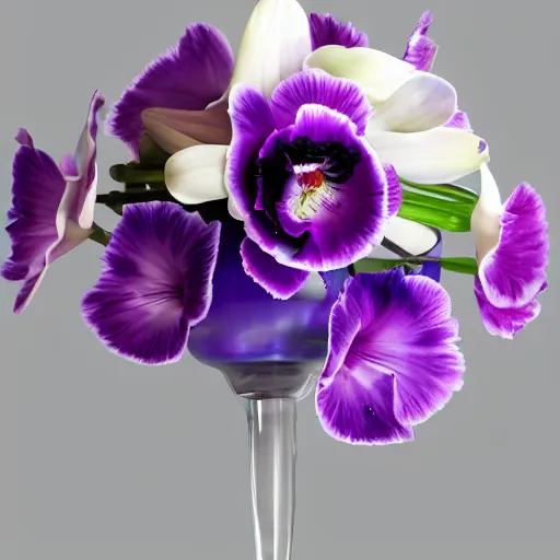 Image similar to blue and purple genetically modified blend of rose lily carnation orchid ranunculus!!! anenome, floral arrangement in futuristic!! vase made of mother of pearl, architectural digest, year 2 3 0 0