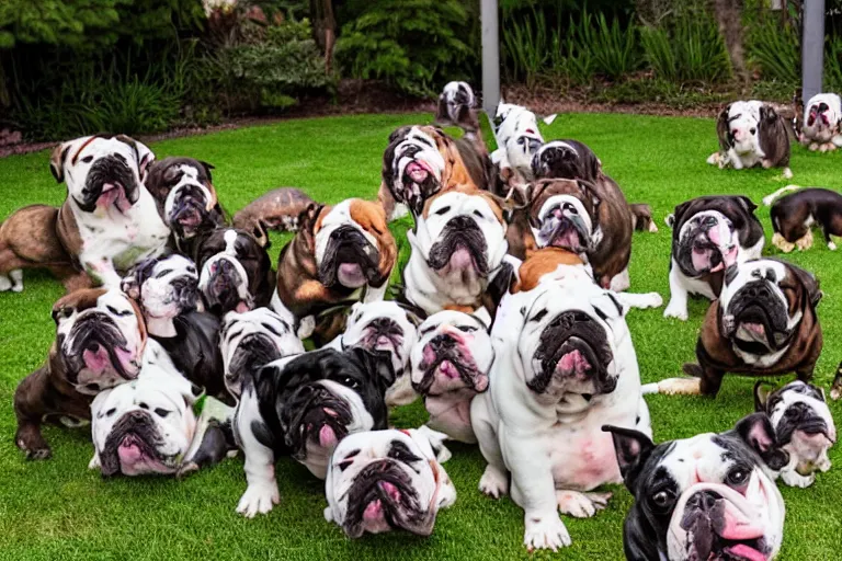 Prompt: a backyard full of bulldogs that are facing directly into the camera