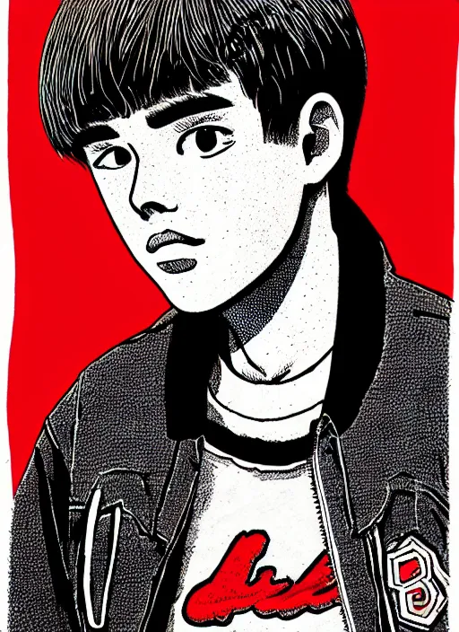 Image similar to portrait of teenage archie andrews, freckles, varsity jacket, intricate, highly detailed, illustration, art by junji ito, junji ito