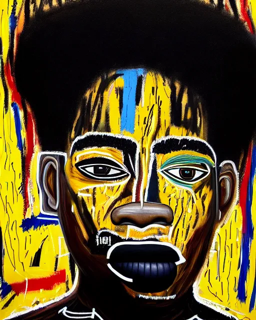 Image similar to A extremely ultra highly detailed majestic hi-res beautiful immaculate head and shoulders award winning painting stunning portrait masterpiece of the face of a strong black african man by Jean-Michel Basquiat, 8k, high textures, ultra hyper sharp, insanely detailed and intricate, super detailed, 8k HDR ultra high quality