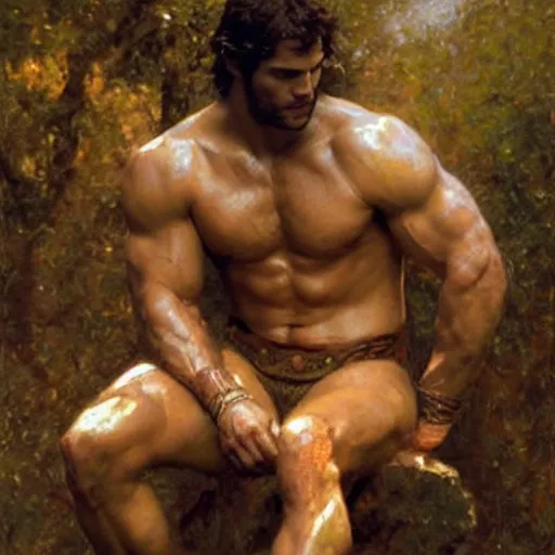 Image similar to Henry Cavill as a greek god, muscular, detailed face, thighs, painting by Gaston Bussiere, Craig Mullins