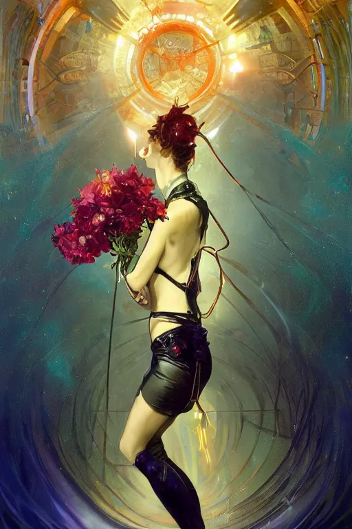 Image similar to she dreams of arcs of purple flame intertwined with glowing sparks, glinting particles of ice, dramatic lighting, steampunk, bright neon, secret holographic cyphers, red flowers, solar flares, high contrast, smooth, sharp focus, art nouveau, art by greg rutkowski and Alphonse Mucha