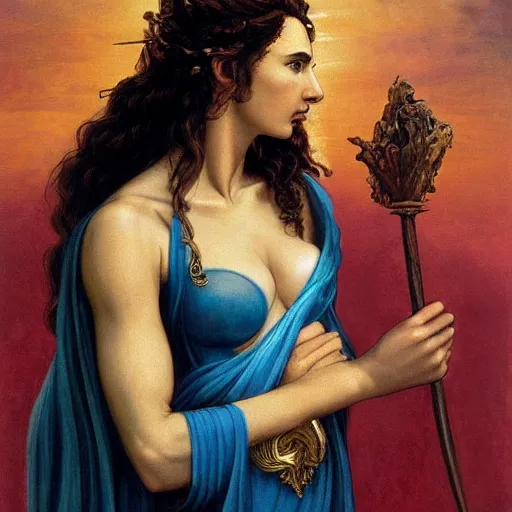 Image similar to Full body oil painting of the beautiful goddess Gal Gadot as Artemisa, she is wearing roman clothes and a surreal jewelry, her hair is natural disheveled, she is approaching heaven over the clouds, naturalism, dramatic lighting, high-detailed oil painting by Ilya Repin, Michelangelo da Caravaggio, William Blake, Alex Grey and Beksinski, trending on Artsation, hystorical painting, naturalism, masterpiece, 4k, 8k,