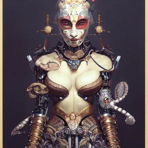 Prompt: ultra realist soft painting of a single attractive cyborg geisha female sillicon skin armored, curiosities carnival, symmetry accurate features, very intricate details, focus, curvy, artstyle Hiraku Tanaka and Tom Bagshaw, award winning