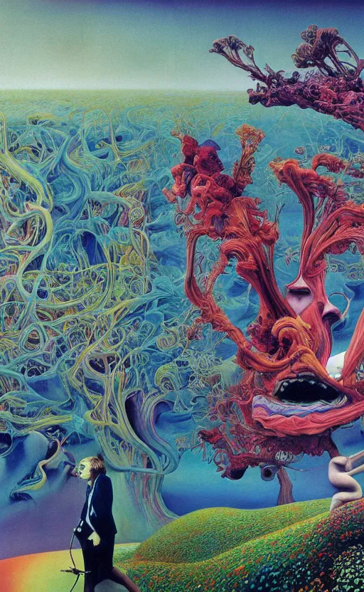 Prompt: ultrawide angle colour masterpiece surreal closeup portrait photography of the beatles playing on stage by miho hirano and annie leibovitz and michael cheval, weird surreal epic psychedelic complex biomorphic 3 d fractal landscape in background by kilian eng and roger dean and salvador dali and beksinski, 8 k