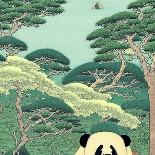 Image similar to a beautiful landscape with tropical islands and pandas on it, Kawase, Hasui