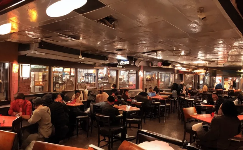 Prompt: a picture of the inside of a late night diner, in the middle of the night in the big city