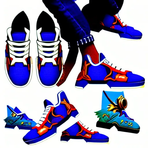 Image similar to fantasy jrpg sneaker design designed by capcom megaman, chrono trigger guilty gear sneaker styles, aztec mayan street fashion native punk sneaker design, focus on megaman hip hop sneaker design with subtle mayan patterns, trending on pixiv fanbox, painted by akira toriyama and studio ghibli princess mononoke megaman capcom