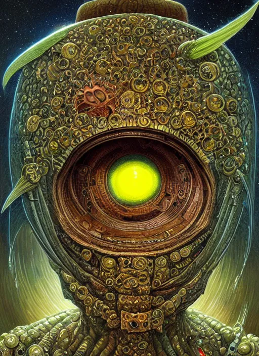 Prompt: emek spaceship mf doom reptile eyes, cosmic lsd poster art, intricate, elegant, highly detailed, centered, digital painting, artstation, concept art, smooth, sharp focus, illustration, artgerm, tomasz alen kopera, peter mohrbacher, donato giancola, joseph christian leyendecker, wlop, frank frazetta