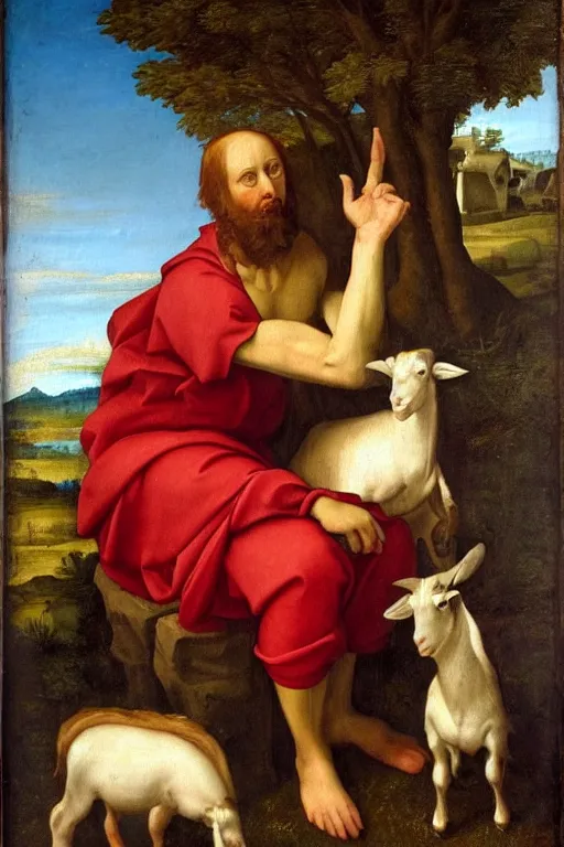 Prompt: renaissance painting of a goat headed man sitting in the countryside