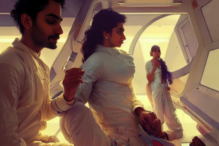 Image similar to Sensual good looking pale young Indian doctors wearing jeans in a space station above Earth, portrait, elegant, intricate, digital painting, artstation, concept art, smooth, sharp focus, illustration, art by artgerm and greg rutkowski and alphonse mucha