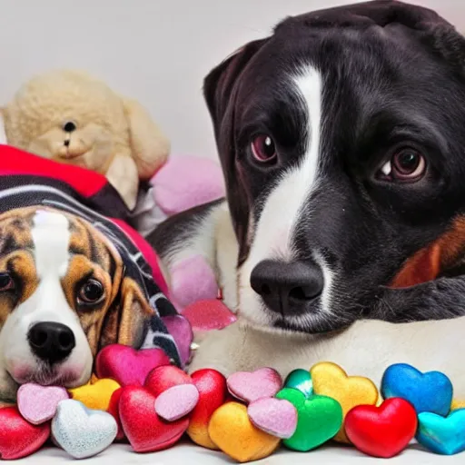 Prompt: dogs surrounded by cuddly toys and love hearts