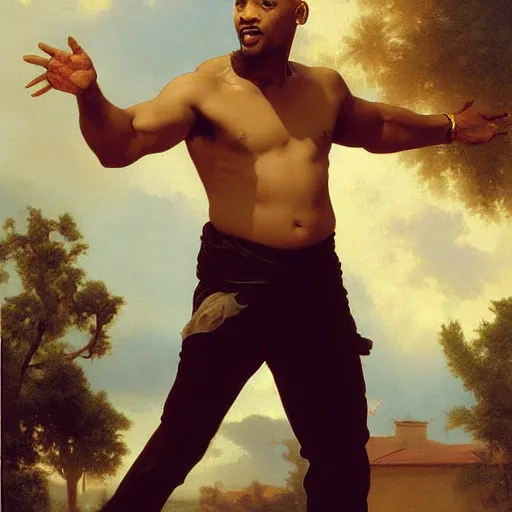 Image similar to Painting of Will Smith as Neo. Art by william adolphe bouguereau. During golden hour. Extremely detailed. Beautiful. 4K. Award winning.