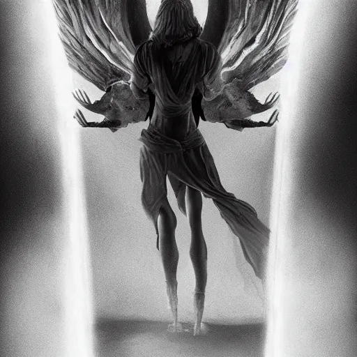 Prompt: charcoal character art, fallen angel crouched down in a pillar of light, wings open, high contrast hd optics, 8 k dop dof, by bastion lecouffe - deharme