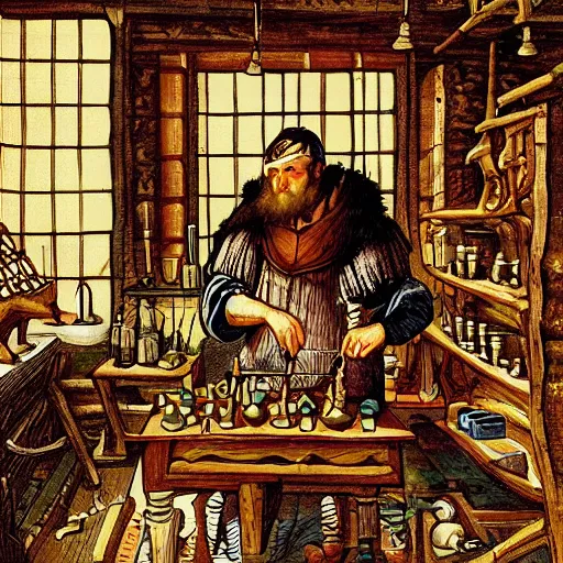 Prompt: a medieval scientist preparing an experiment in his cabin, dynamic, expressive, psychedelic, extreme detail, ornate, intricate, decorative, fantasy