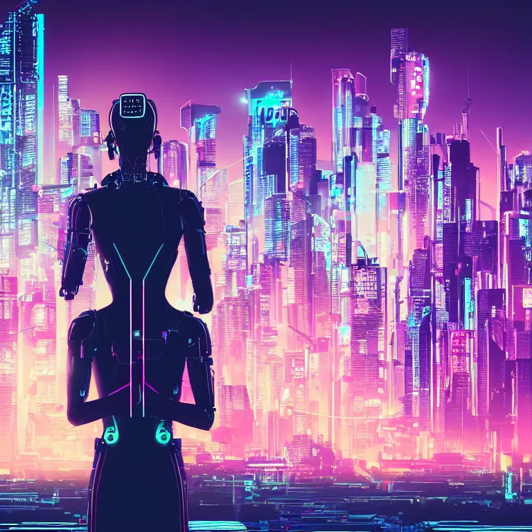 Image similar to A cyberpunk synthwave cyborg android staring out at the city below through a window