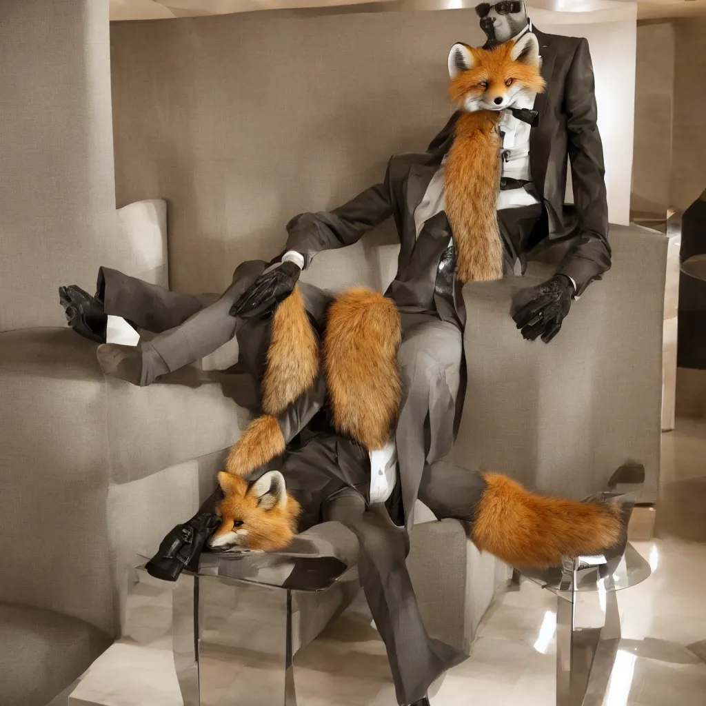 Prompt: a single anthropomorphic fox in suit sitting in the lobby of a futuristic hotel, anthro, furry