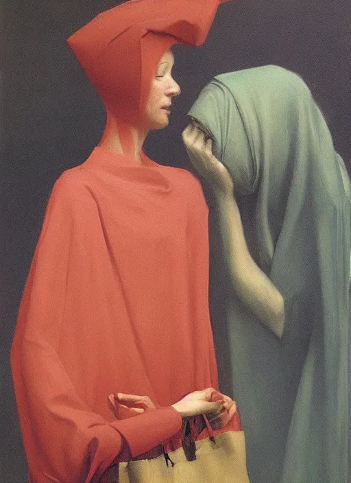 Image similar to woman with a paper bag over the head and a sward Edward Hopper and James Gilleard, Zdzislaw Beksinski, Steven Outram highly detailed