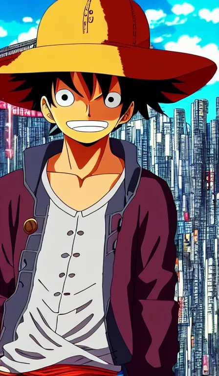 Image similar to anime fine details portrait of Luffy in front of cyberpunk moder city landscape on the background deep bokeh, close-up view, anime masterpiece by Studio Ghibli. 8k, sharp high quality anime, artstation