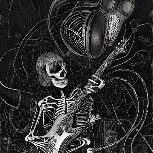 Image similar to skeleton wearing headphones, watching girl playing guitar while her black cat standing next to her, detailed intricate ink illustration, dark atmosphere, detailed illustration, hd, 4k, digital art, overdetailed art, by greg rutkowski, by loish, complementing colors, Trending on artstation