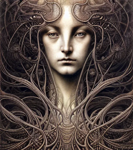 Image similar to detailed realistic beautiful dark goddess face portrait by jean delville, gustave dore, iris van herpen and marco mazzoni, art forms of nature by ernst haeckel, art nouveau, symbolist, visionary, gothic, neo - gothic, pre - raphaelite, fractal lace, intricate alien botanicals, ai biodiversity, surreality, hyperdetailed ultrasharp octane render