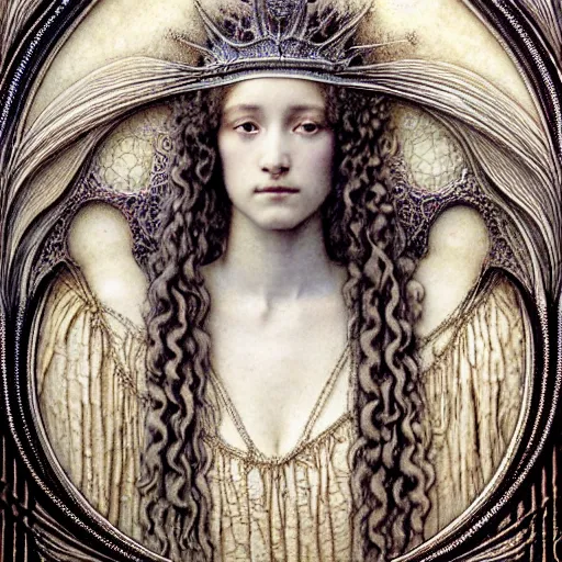 Image similar to detailed realistic beautiful young medieval queen face portrait by jean delville, gustave dore and iris van herpen, art forms of nature by ernst haeckel, art nouveau, symbolist, visionary, gothic, pre - raphaelite, fractal lace, surreality, horizontal symmetry, intricate details