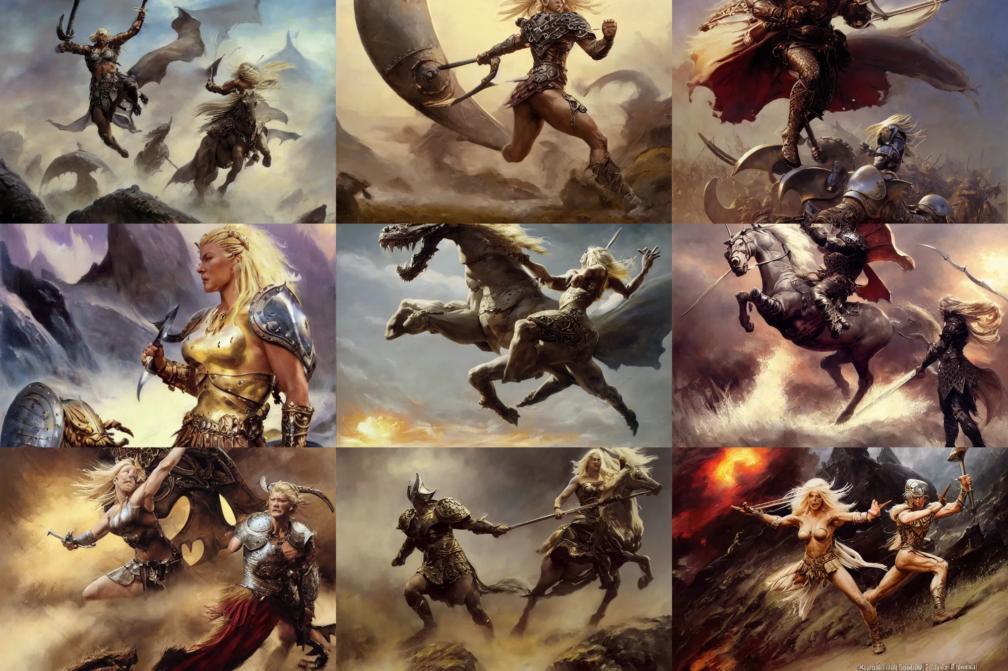 Prompt: An oil painting of a beautiful blonde viking woman sprinting into battle, armor, by Frank Frazetta, Greg Rutkowski, Boris Vallejo, Neal Hanson, Christian MacNevin, epic fantasy character art, goddess of war, high fantasy, Exquisite detail, post-processing, low angle, masterpiece, cinematic, colossal dragon in background